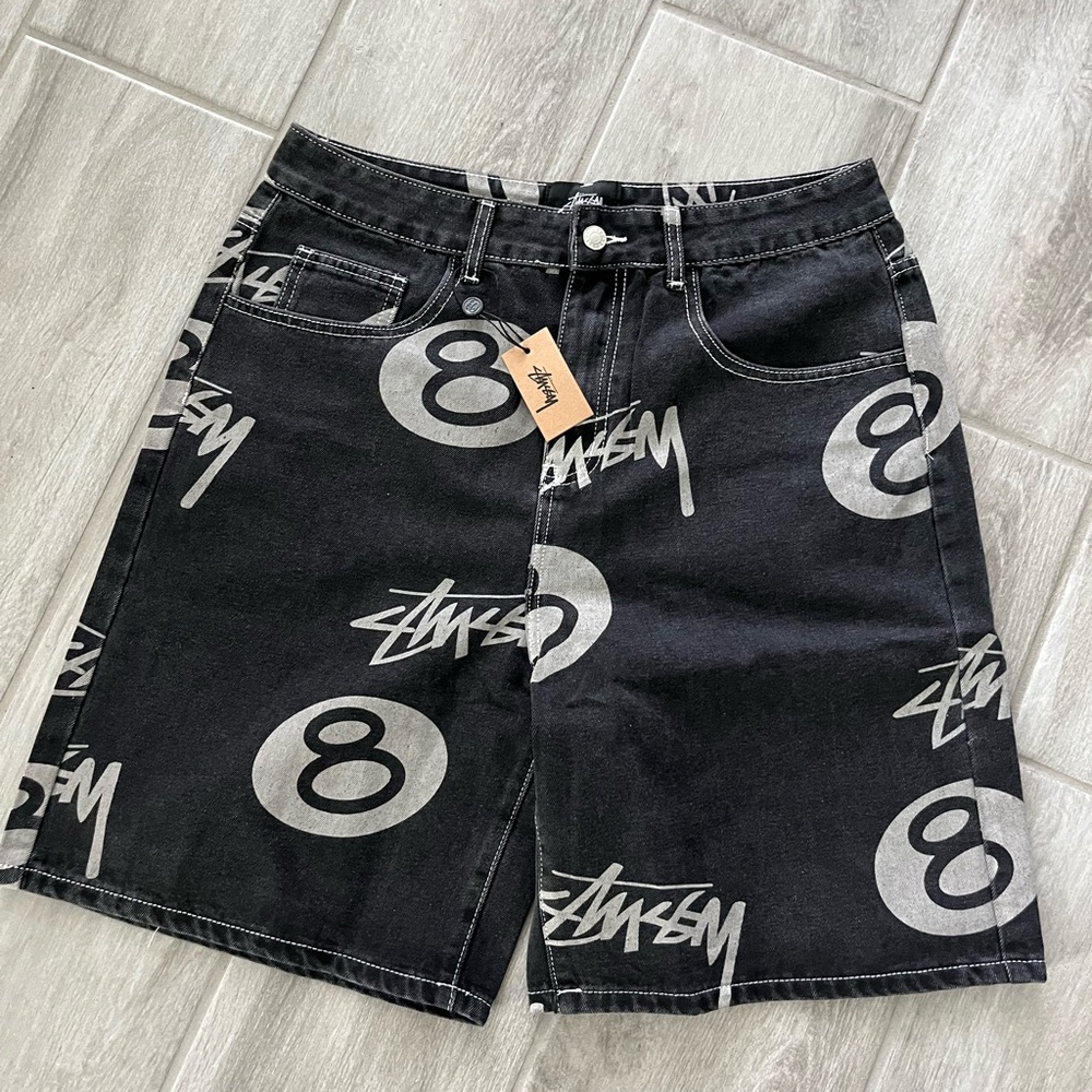 Stussy Black and Gray Graphic Jean Shorts